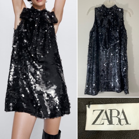 Zara Dresses & Skirts - Zara black sequined dress with bow detail.